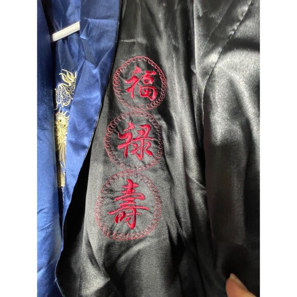 Men's Robe Kimono Reversible Embroidered Dragon Asian  Black & Blue No Belt - Picture 7 of 16